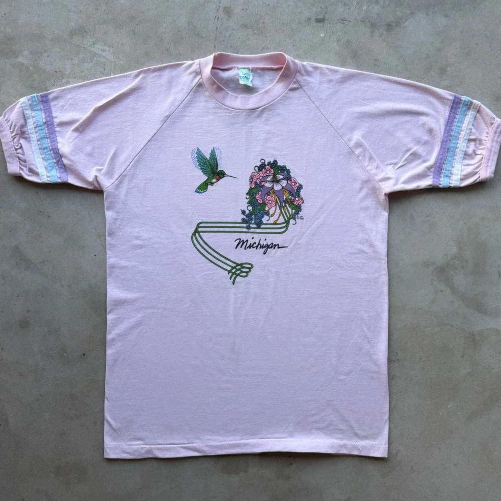 Vintage 1983 Michigan Hummingbird T Shirt Pink Raglan Sporty Large Single Stitch